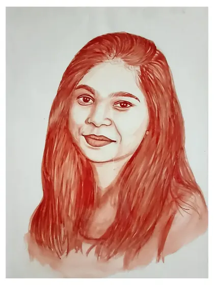 A solo blood portrait focusing on the subject's face and flowing hair, created with rich red-brown tones.