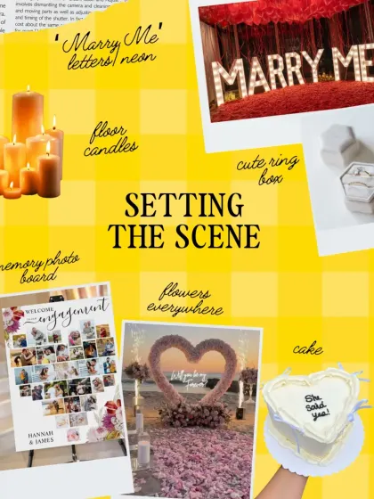 Setting the scene is key for a proposal. This checklist highlights some of our favorite decor elements, including 'Marry Me' letters, floor candles, memory photo boards, and of course, flowers everywhere.
