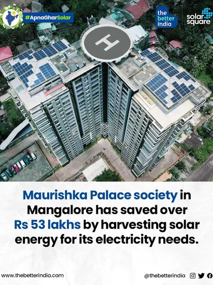 An infographic celebrating Maurishka Palace society in Mangalore, which has saved over ₹53 lakhs with solar energy.