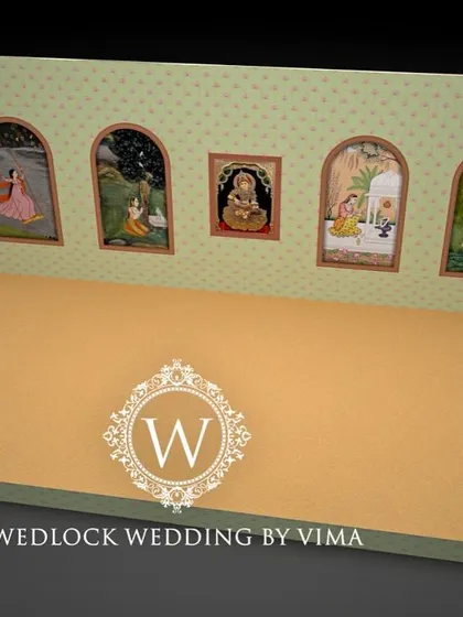 The design process for a traditional half-saree function stage. We start with concept art and 3D models to plan the layout, colors, and intricate details before our team begins production.