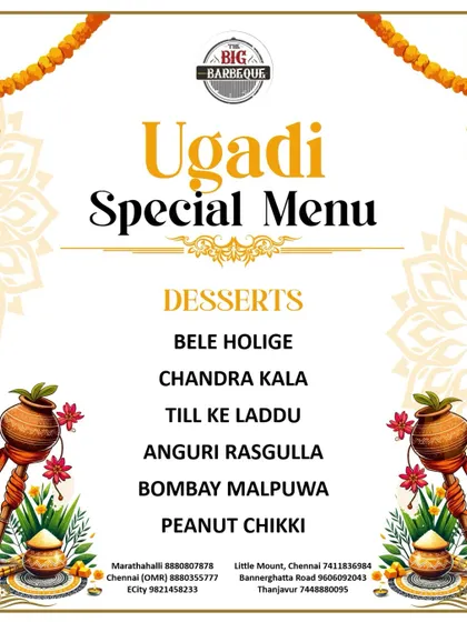 To celebrate Ugadi, we put a special focus on traditional sweets. Our special menu features festive desserts like Bele Holige, Chandra Kala, and Anguri Rasgulla, offering a sweet start to the new year.