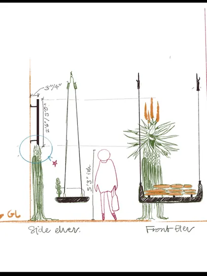 The initial concept sketch for a woven art installation, showing the side and front elevations. This is the first step in translating an idea from paper to a three-dimensional structure.