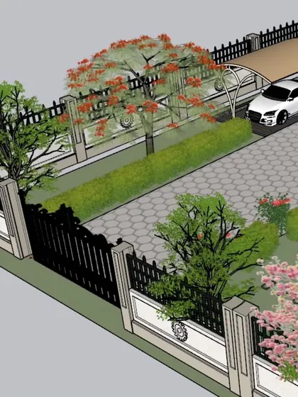 A 3D design for a front yard, including a paved driveway, a modern carport, and strategic placement of trees and hedges for privacy and aesthetic appeal.