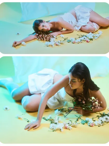 A two-panel shot showing the model in different poses on our floral set. This gives a sense of the variety we aim to capture during a shoot.