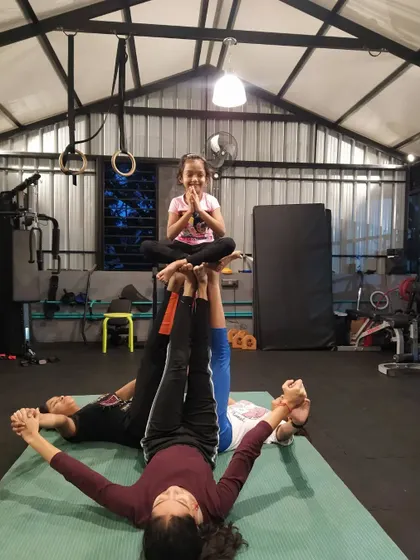 A three-person pyramid that combines basing, flying, and balancing. These human pyramids are a great way to build trust and communication within the group.