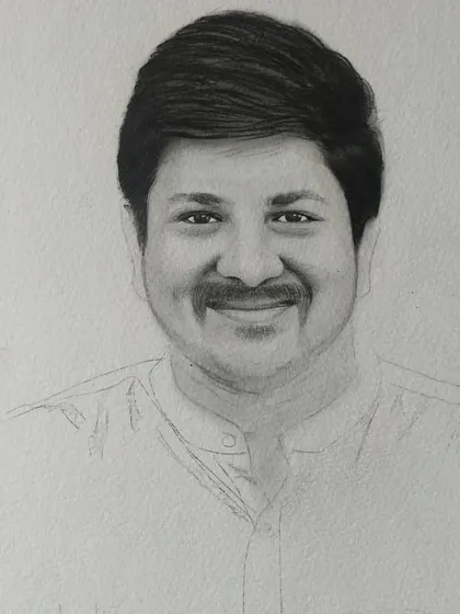 A work in progress shot of a man's portrait. The hair is fully shaded, but the rest of the face and clothing are still in the outline stage, waiting for detail.