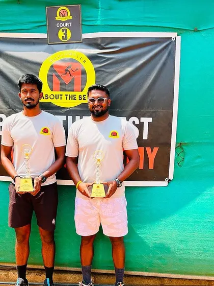 The doubles winners of our AITA 1 Lakh tournament. Teamwork and strategy are key components of our doubles training program.
