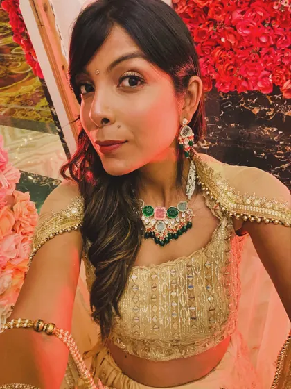 Getting the details right is so important for a complete look. This is a close-up of my wedding season style, focusing on the statement ethnic jewelry and makeup that complements the golden lehenga.