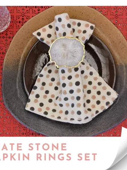 A repeat of the agate stone napkin rings, emphasizing their role in creating a sophisticated and festive tablescape.