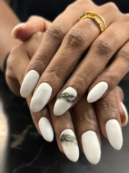 The full view of the white and smoky glitter set. It's a modern and sophisticated look with a touch of edge.