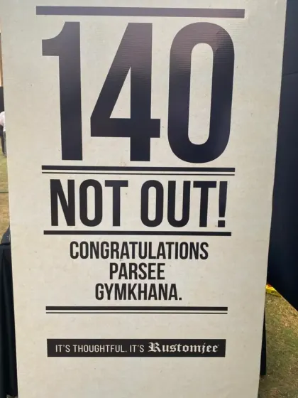 A sign celebrating the 140th anniversary of the Parsi Gymkhana, where our player Naheed Divecha was felicitated for her achievements.