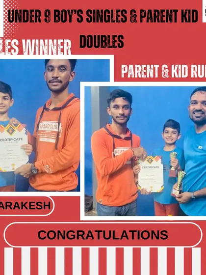 A great performance by Tarakesh, winning the Under 9 Boy's Singles and also competing with his parent in the Parent & Kid doubles event.
