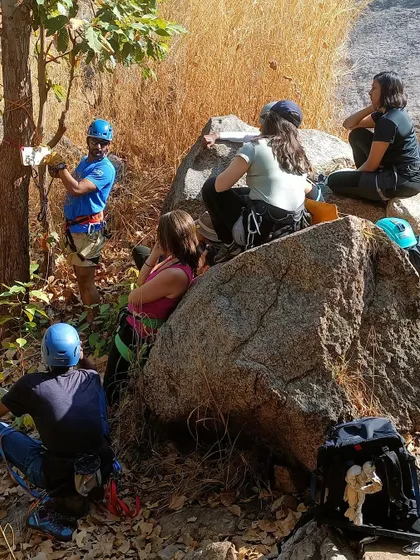 We love to teach, and teach right. Scenes from our Anchoring and Exit Strategies workshop, where participants get hands-on practice with building secure anchors and learning how to safely exit routes.