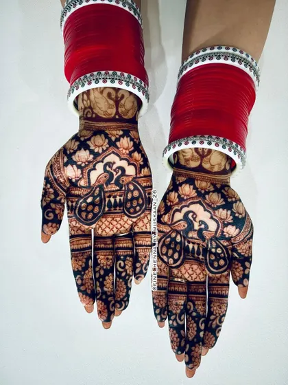 A post dedicated to the stain. The dark peacock design looks stunning with the red bangles.