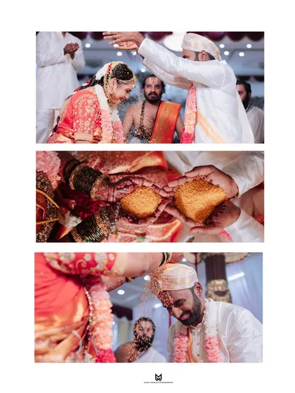 A collage of key moments from Likith and Kusum's South Indian wedding ceremony, including the blessings with rice, a sacred and photogenic ritual.