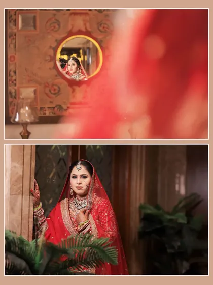 A creative collage of the bride, showing her reflection in a mirror and a full portrait, capturing different angles of her beauty.