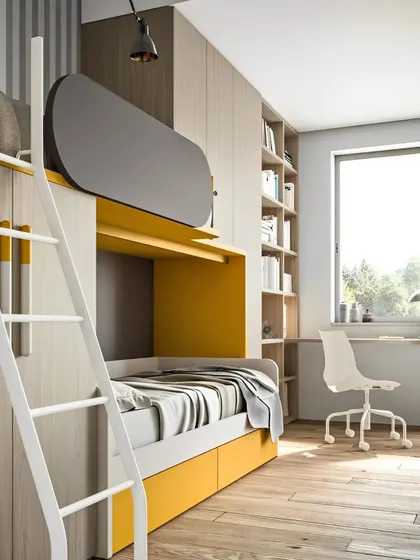 A modern kid's room with a yellow and grey bunk bed. The design includes a built-in wardrobe and a desk, making it a complete and space-efficient solution.