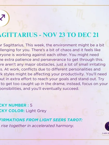 A weekly tarot forecast for Sagittarius. The environment might be challenging, requiring extra patience and perseverance to reach your goals.