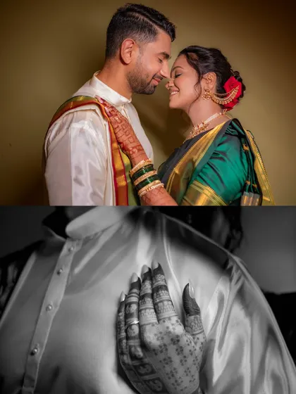 A beautiful collage combining a romantic couple portrait with a black and white detail shot of the bride's mehndi-adorned hand on the groom's kurta.