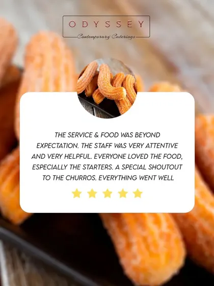 "The service & food was beyond expectation." This client review gives a special shoutout to our starters and churros, and highlights the attentive and helpful nature of our staff.
