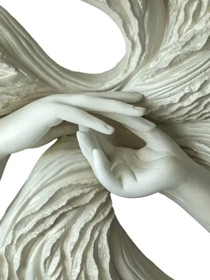 The hands in this piece convey a sense of gentle self-compassion. It's a mudra of acceptance, a quiet acknowledgment of one's own journey and the process of becoming.