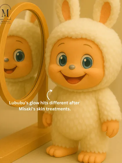 Our little mascot Lububu admiring his radiant skin after a treatment, showing that everyone deserves to feel their best.