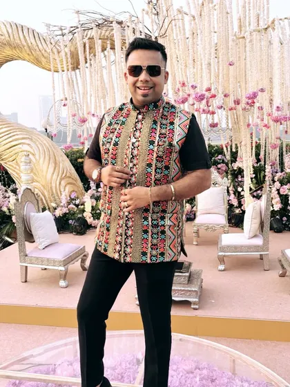 A full-length view of the semi-traditional look. It's a versatile outfit that works for both daytime and evening events.
