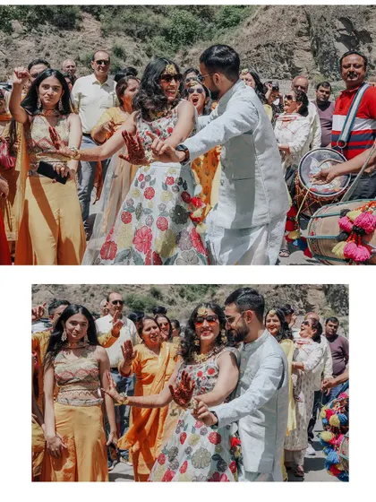 A diptych capturing the energy of the Baraat and the couple dancing together during the Haldi celebrations. These are moments of pure, uninhibited joy.