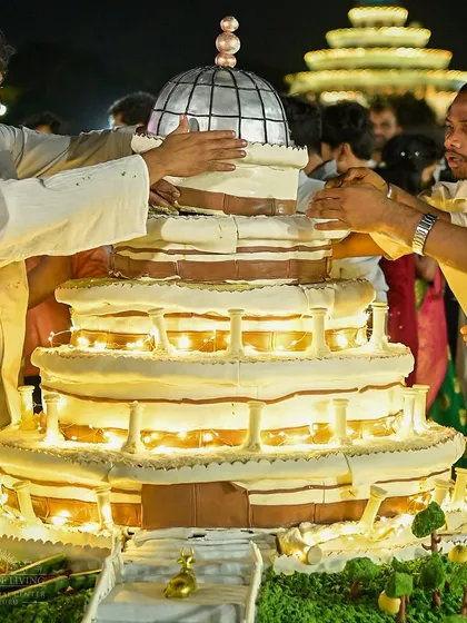 A close up of the incredible birthday cake, a replica of our main meditation hall. The attention to detail reflects the love and effort that goes into celebrating Gurudev.