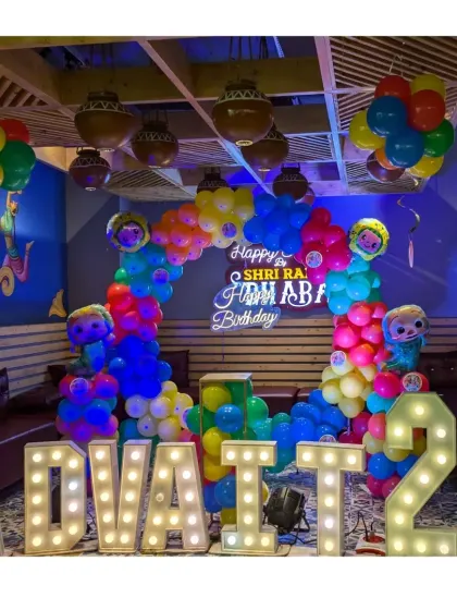 A different perspective of the Cocomelon party, highlighting the hanging balloon bunches and the overall festive atmosphere of the venue.