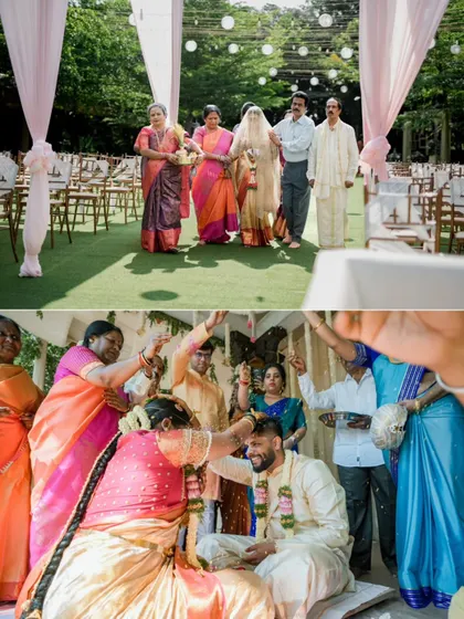 A collage showing the bride's entrance with her family and a key ritual of the wedding ceremony, capturing the essence of a traditional South Indian wedding.