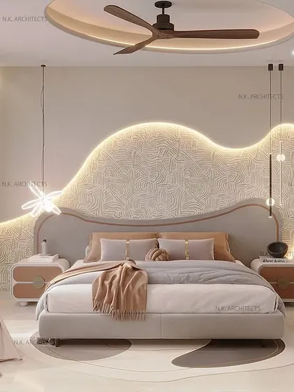 A playful yet elegant kids' room with a custom-designed headboard that has integrated backlighting. The space includes a small tent, creating a fun corner for play.