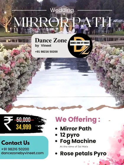 Our Mirror Path package is designed to give you a royal Jai Mala experience. It includes a reflective walkway, 12 pyros for a grand effect, a fog machine for ambiance, and a rose petal pyro shower.