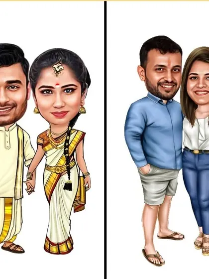 More examples of my couple caricatures, including traditional South Indian wedding attire and casual outfits.
