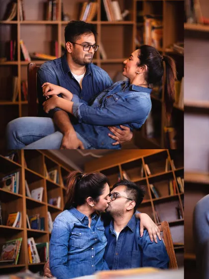 A collage of tender moments, from a gentle embrace to a sweet kiss. This captures the romantic essence of their pre-wedding photoshoot in the library.