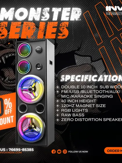 This is the Monster Series, designed to unleash the beast. It features a double 10-inch subwoofer, karaoke mic support, and a massive 40-inch height for raw, undistorted bass.