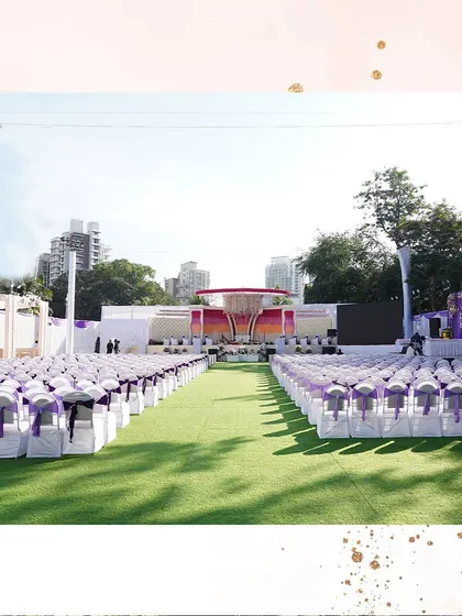An overview of a wedding setup at our Kalidas Open Ground. The vast space allows for large-scale seating arrangements and a grand stage, perfect for a big fat Indian wedding.