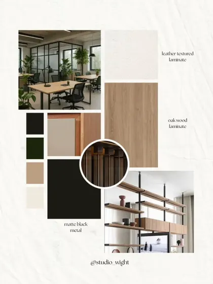 This mood board for the Noir Oak project shows the intentional material palette I selected. The warmth of oak wood, the structure of matte black metal, and the subtlety of leather-textured laminate come together to reflect the poise and precision the legal profession demands.