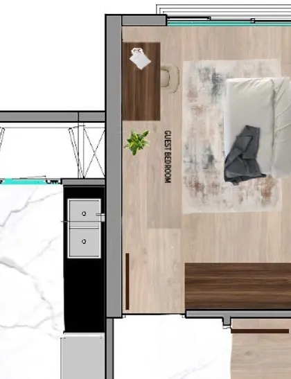 A layout detail for a new residence designed in a Wabi-Sabi style, focusing on natural materials and a serene, minimalist aesthetic.