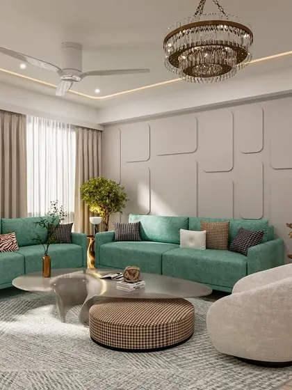 A 3D render of a modern luxe living room where comfort meets contemporary elegance. The accent wall features bold geometric 3D paneling, adding depth and architectural interest.