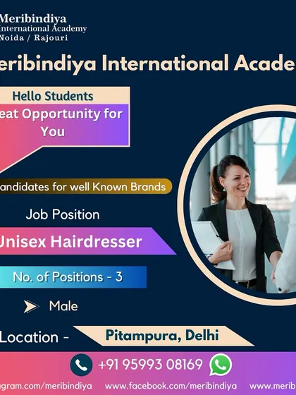 Placement opportunity in Pitampura, Delhi. We are hiring three male unisex hairdressers for our partner brands.