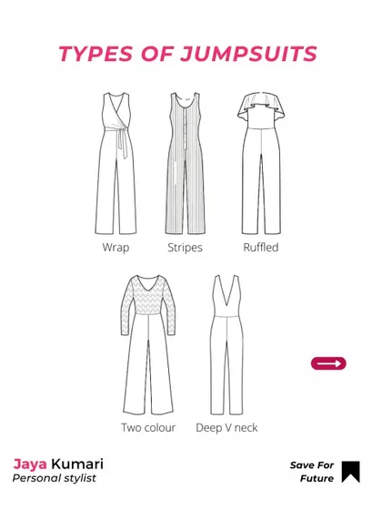 More jumpsuit styles to know. This includes wrap, striped, ruffled, and deep V-neck designs, helping you understand the fashion terms to find what you like.