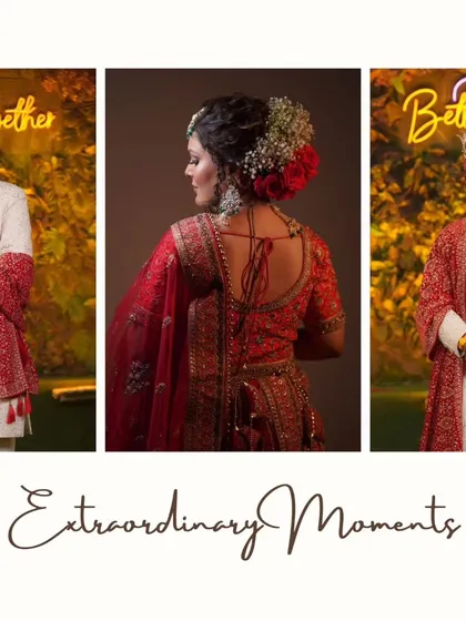 A collage highlighting the bride and groom's stunning wedding attire. It includes solo portraits of the groom and a beautiful shot of the bride's floral hairstyle, capturing the details that make the day unique.