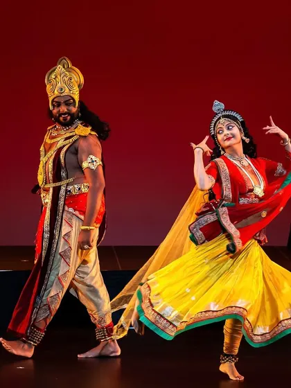 A vibrant and playful duet from one of our stage shows. The colorful costumes and energetic poses showcase a different mood, highlighting the joyful and celebratory aspects of Indian classical and folk dance.