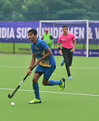 A player in action during the Hockey India Sub Junior Men & Women West Zone Championship.
