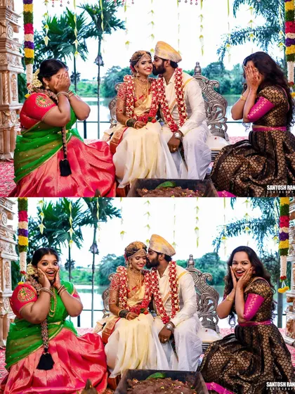 A fun and candid shot capturing the surprised and happy reactions of the bridesmaids.