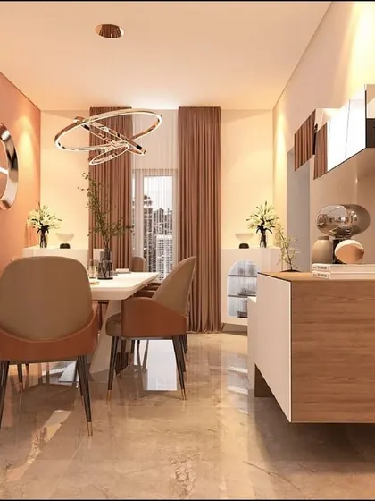 A warm and inviting dining room with blush-toned walls, a modern chandelier, and a floating wooden console.