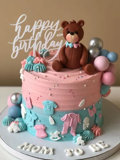 A "Mom to Be" cake with a teddy bear, perfect for a baby shower or gender reveal party.