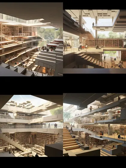 Conceptual explorations using AI for a communal library space in a student hostel. We use technology as a tool to quickly visualize and test complex ideas about multi-level, interactive spaces that are filled with light and nature.