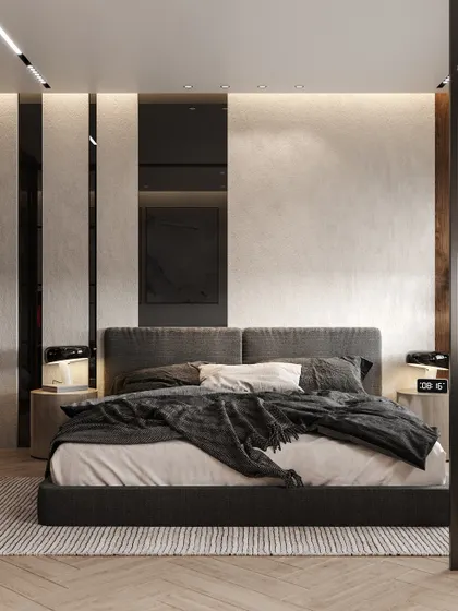 A modern bedroom design with an industrial touch, featuring a glass and metal partition that separates the sleeping area from a walk-in closet. The render highlights the mix of raw and refined textures.